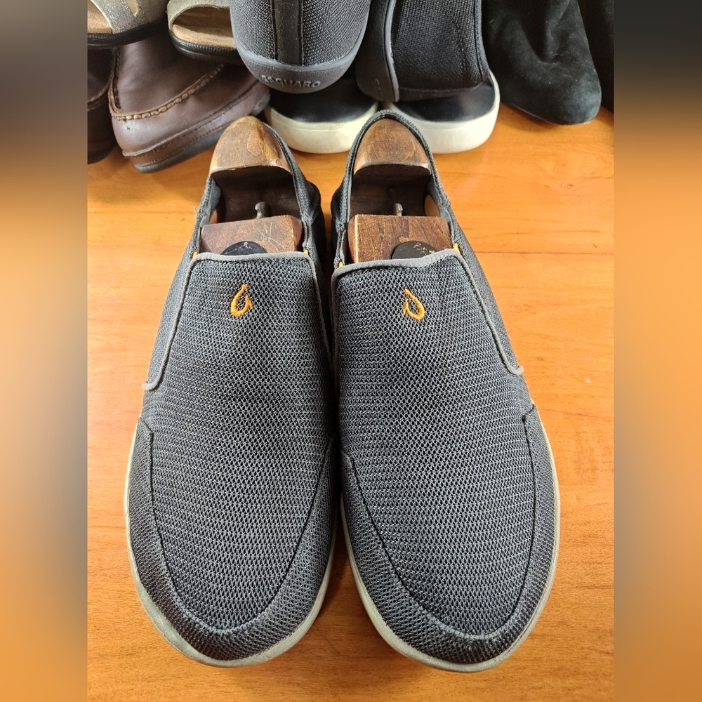 OluKai Mens 9 Nohea Mesh Slip On Shoes Boat Beach Gray Orange Sneakers Casual